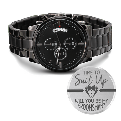 TIME TO SUIT UP, Engraved Design Black Chronograph Watch
