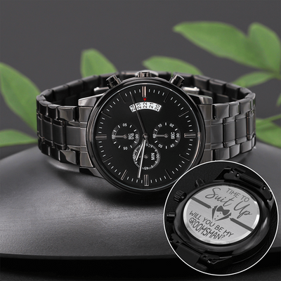 TIME TO SUIT UP, Engraved Design Black Chronograph Watch