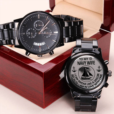 To My Navy Wife, Engraved Design Black Chronograph Watch
