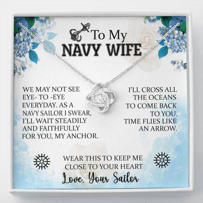 To My Navy Wife, 14k White Love Knot Necklace