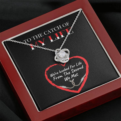 To The Catch of My Life - Hooded on Your Heart, 14k White Love knot Necklace